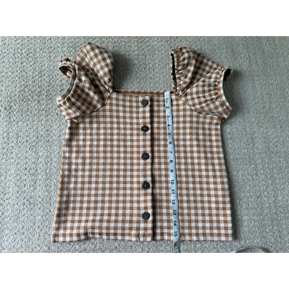 Madewell Top Womens S Brown White Cottage Chic Gingham Plaid Puff Sleeve Shirt